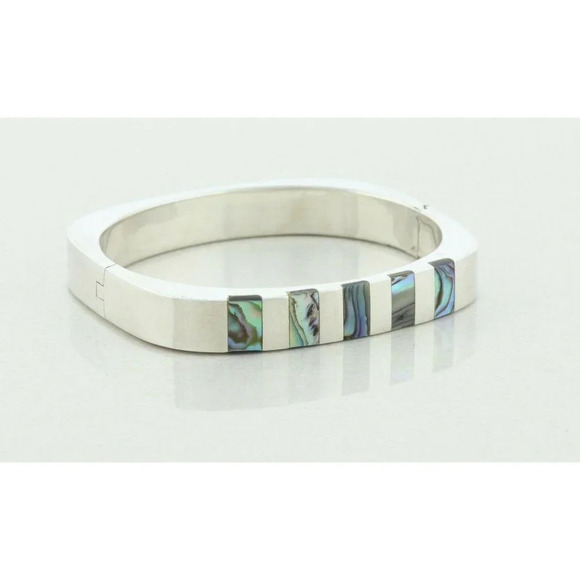 Sterling Silver Abalone Square Bangle Bracelet 7" inch Square 2 3/8" Diameter - Picture 5 of 7